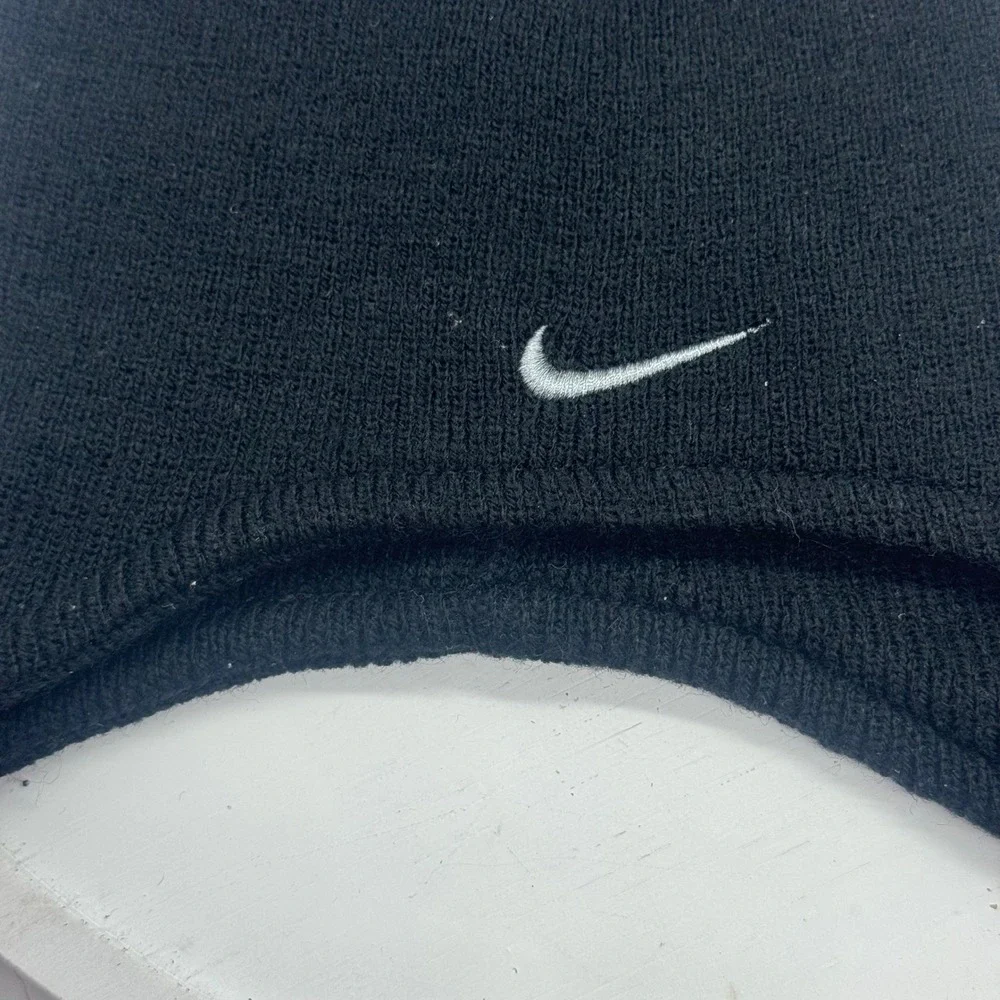 Nike Toddler Black Knit Earflap Beanie Hat Embroidered Swoosh Braided Tassels